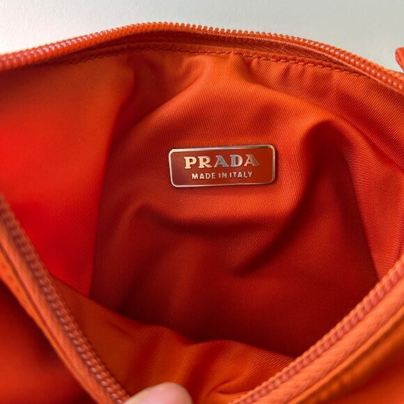 Prada Orange Nylon Mini Shoulder Bag With Beige Strap & Zipper Closure - Picture 7 of 10